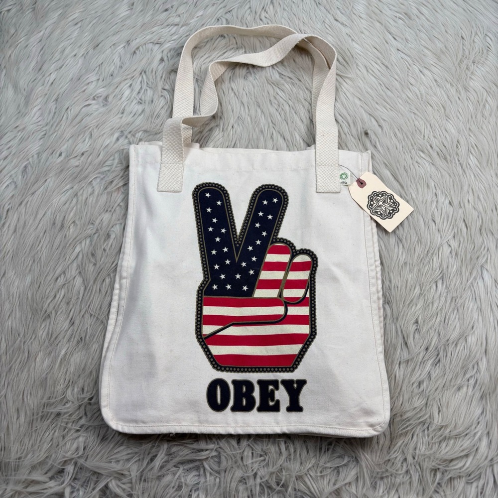 NWT Obey Cotton Canvas American Flag Peace Sign Tote Bag Streetwear Americana